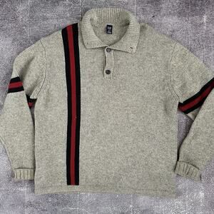 Men's Vintage Y2K GAP Lambswool Beige Knit Henley Striped Pullover Sweater Sz XL